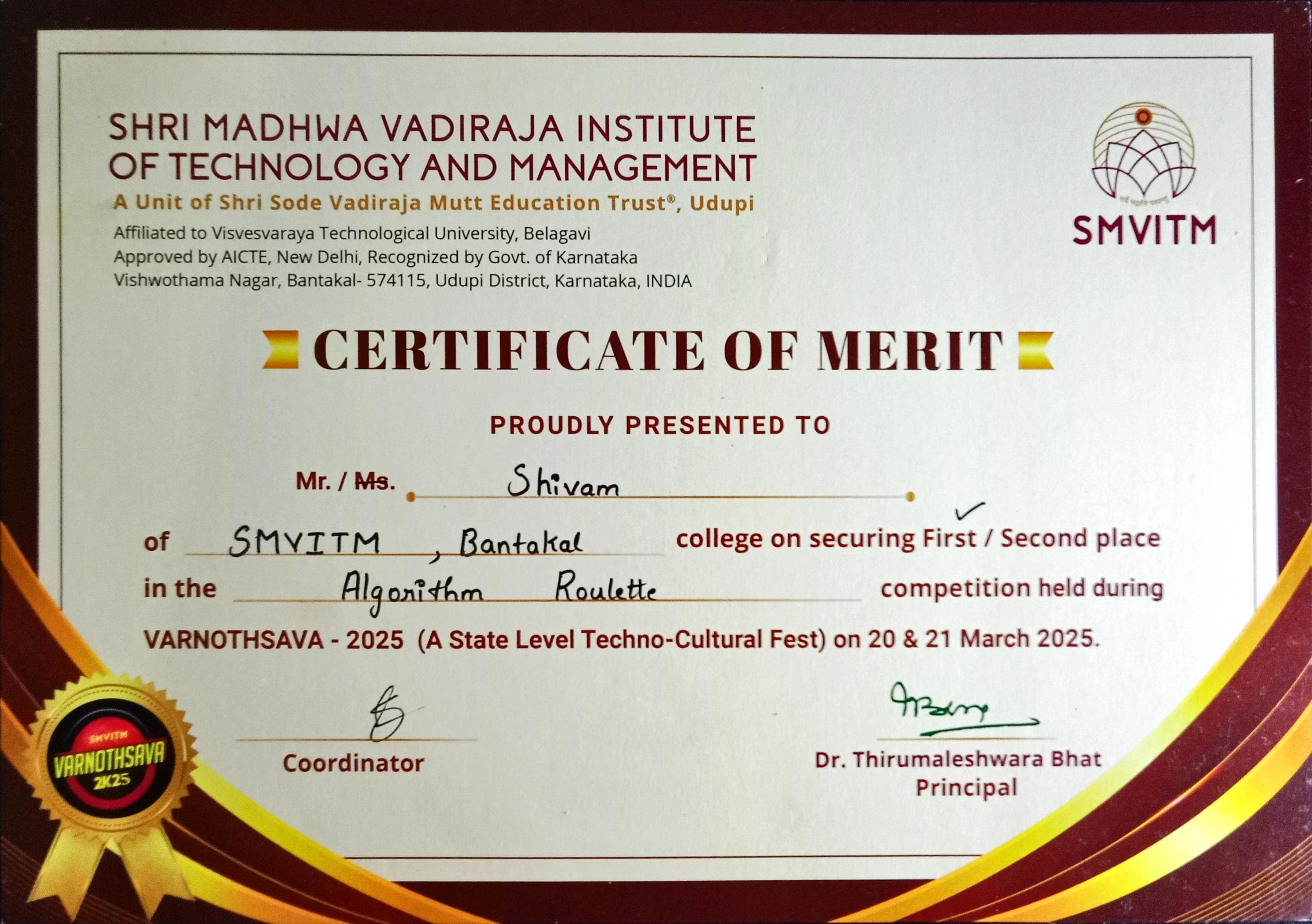 1st Place — Algorithm Roulette ML Competition certificate