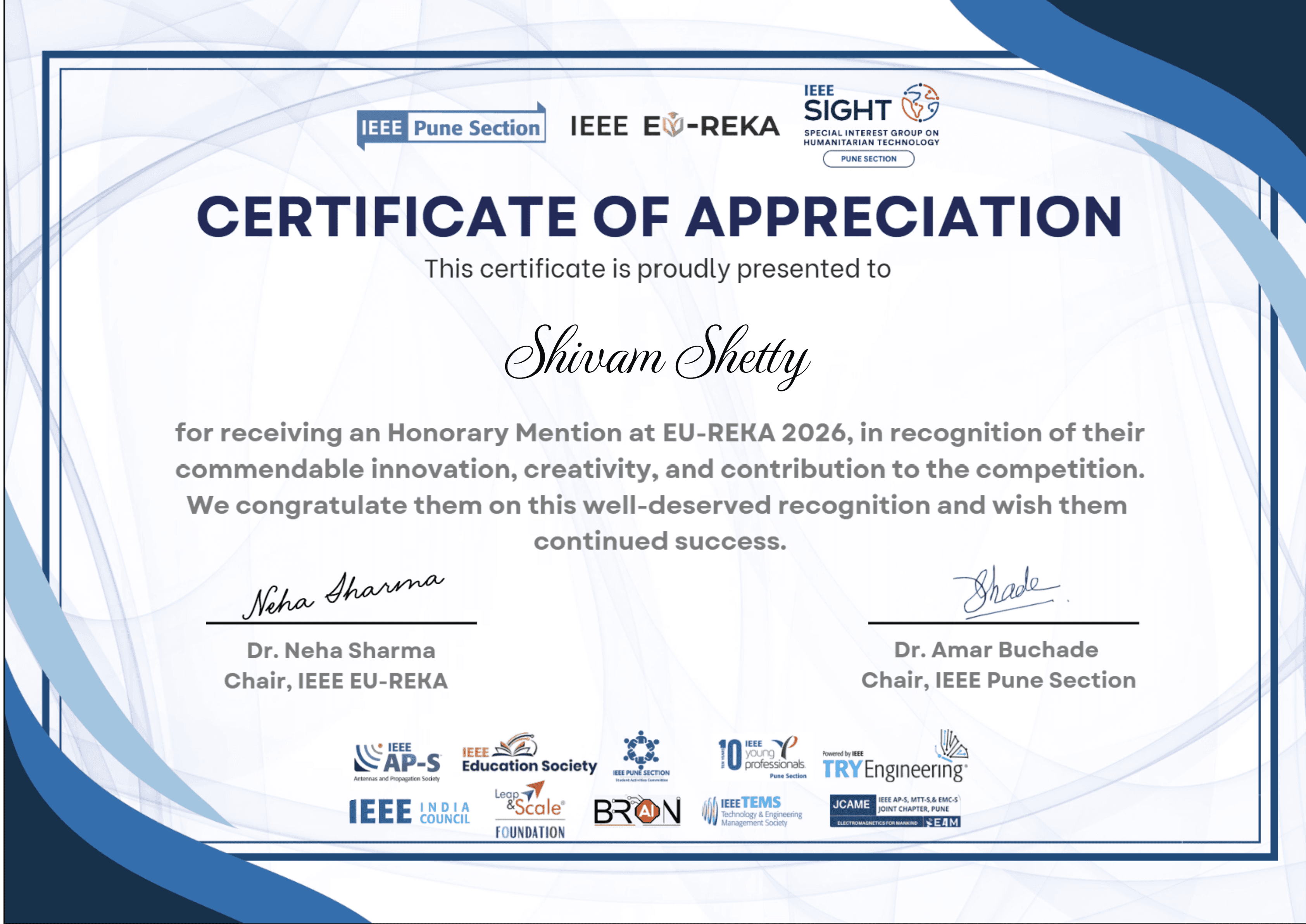 Honorary Mention — IEEE Eu-reka 2026 certificate
