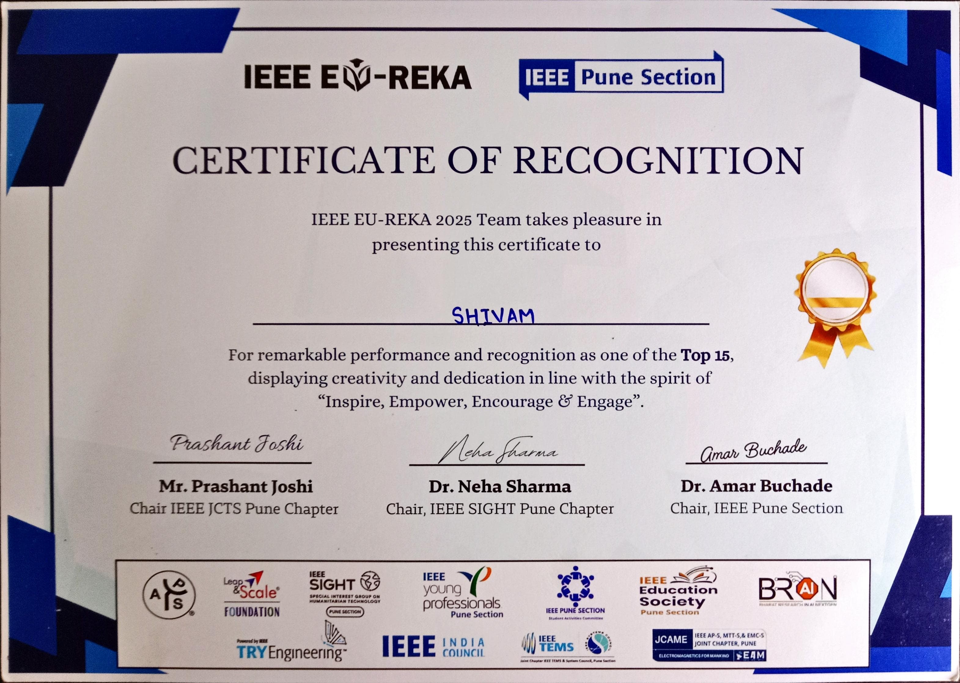 Top-15 Finalist — IEEE Eu-Reka 2025 certificate