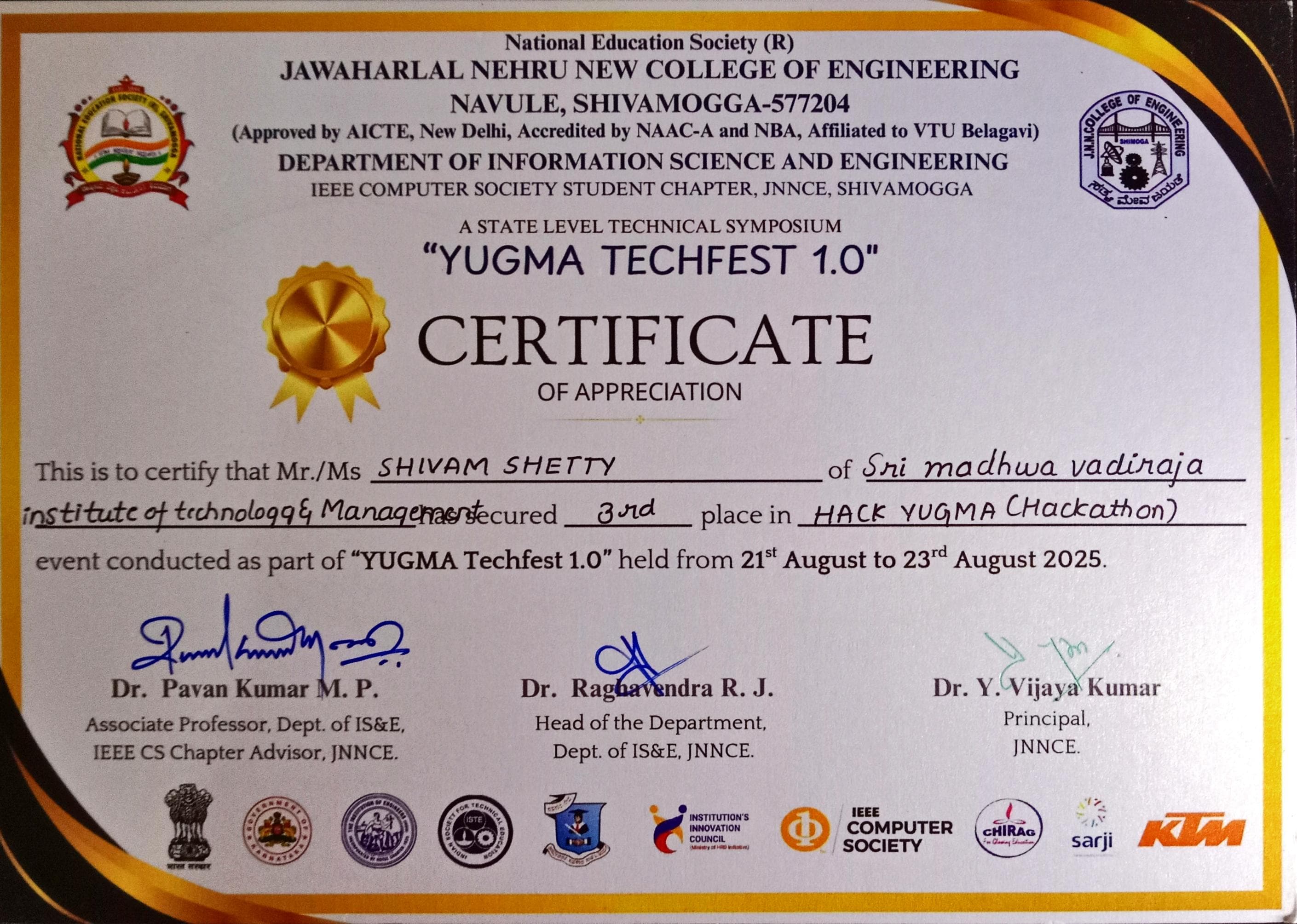 3rd Place — HackYugma Hackathon certificate
