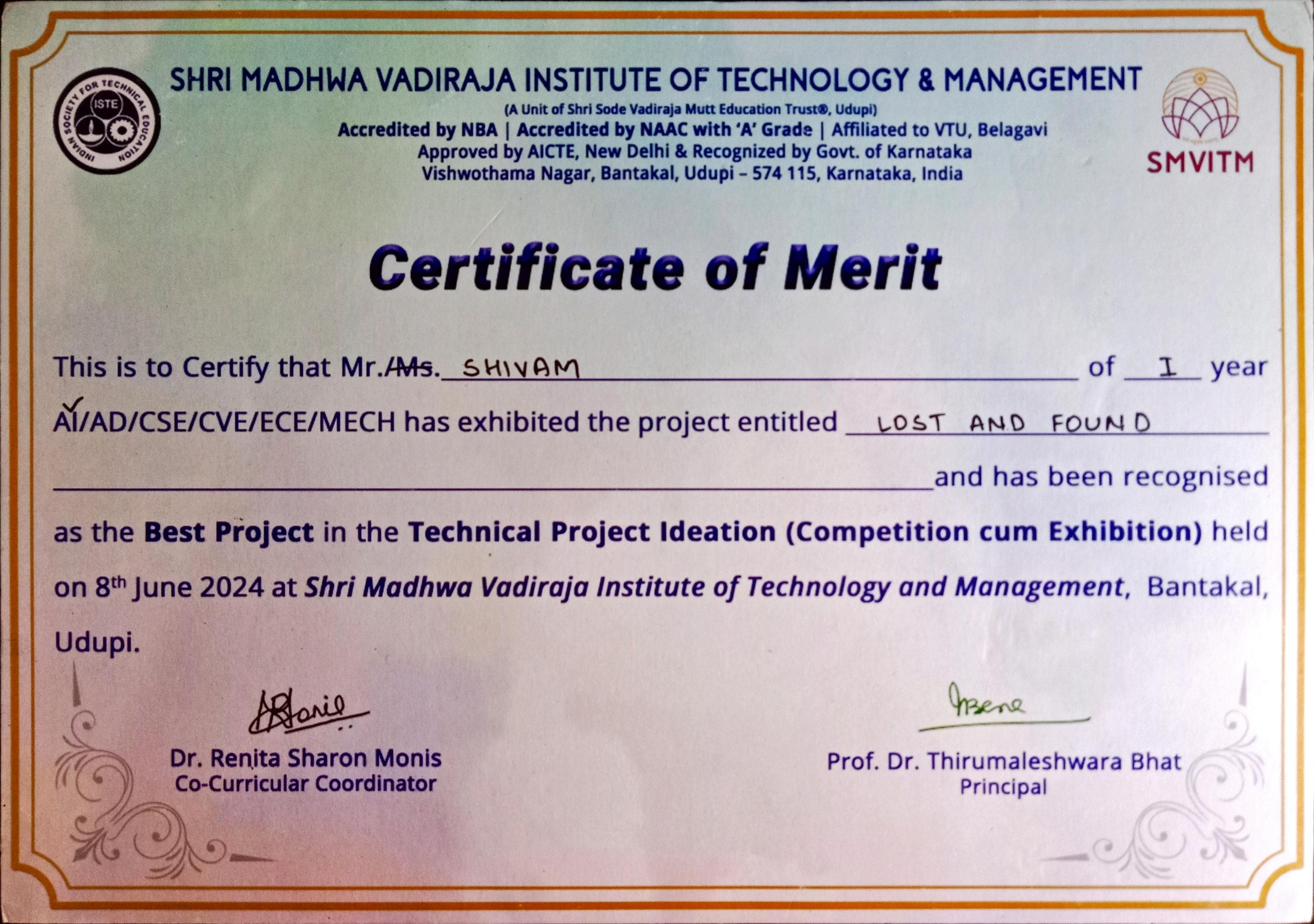 Best Project — Lost and Found Portal certificate