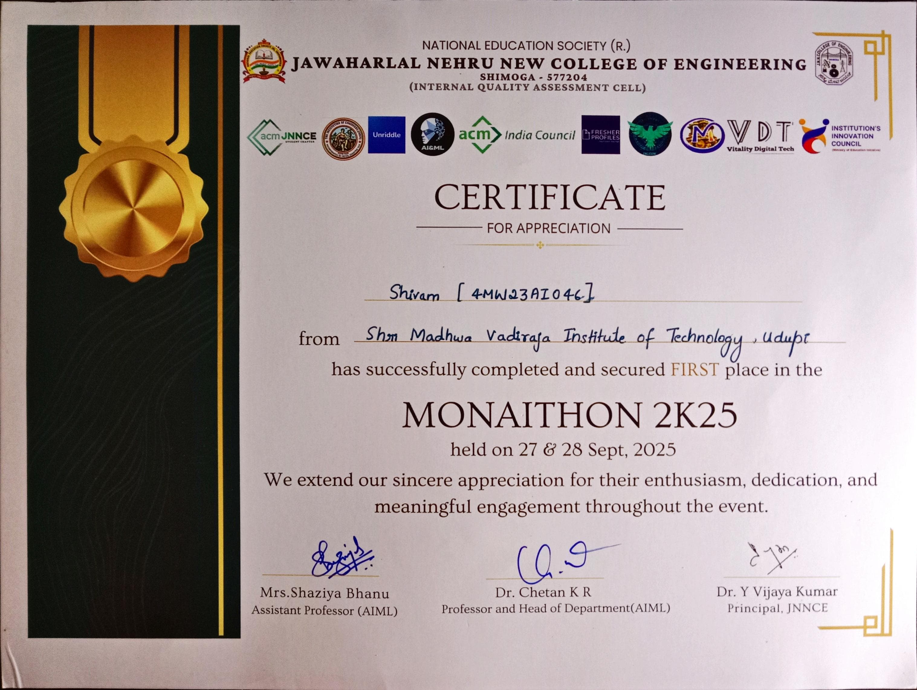 1st Place — MONAITHON Hackathon certificate